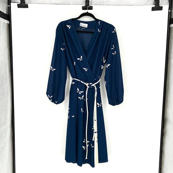 Vintage Navy and Cream Butterfly Long Sleeve Wrap Top Belted Midi Dress- L or XL - Picture 1 of 11